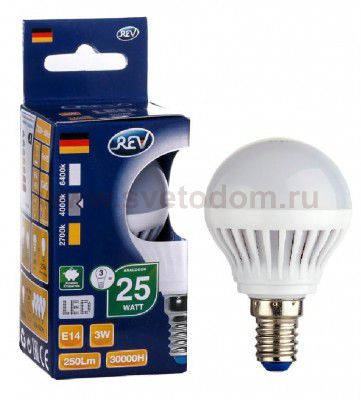 Лампа светодиодная REV 32339 6 LED G45 Е14 3W 250Лм, 4000K, холодный свет