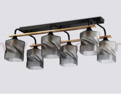 Светильник потолочный со стеклянными плафонами Ambrella TR3033250/6 BK/WD черный/дерево E27/6 max 60W 580*340*245