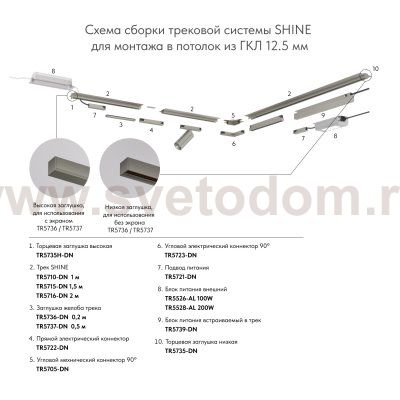 Угловой элемент трека SHINE HIDE для ГКЛ 12,5 мм, 90°, потолок–потолок, тёмный никель, алюминий