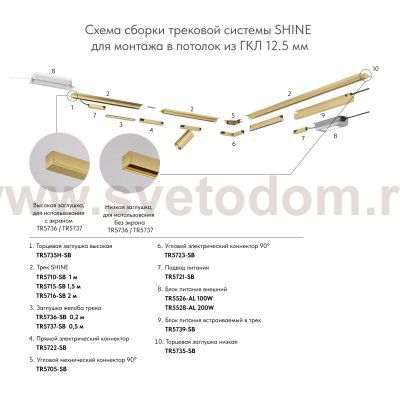 Угловой элемент трека SHINE HIDE для ГКЛ 12,5 мм, 90°, потолок–потолок, сатинированная латунь, алюминий