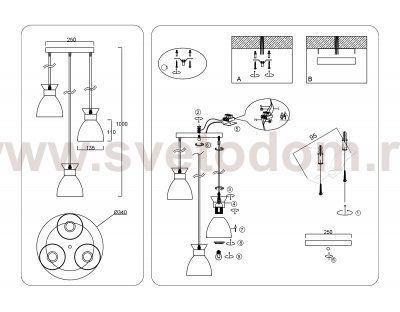 Светильник подвесной в стиле лофт Ambrella TR8467/3 WH/FGD белый/золото E27/3 max 60W D340*1000