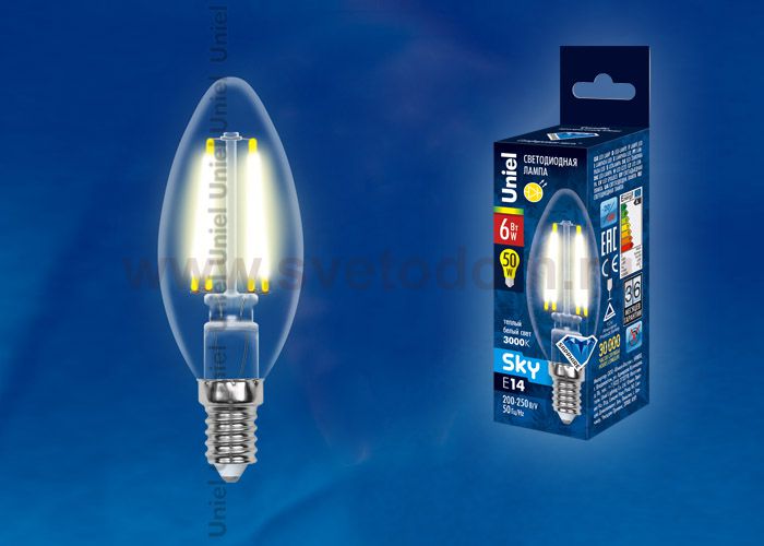 Лампа светодиодная Uniel LED-C35-6W/WW/E14/CL PLS02WH