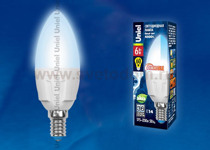 Лампа светодиодная диммируемая Uniel LED-C37-6W/NW/E14/FR/DIM PLP01WH
