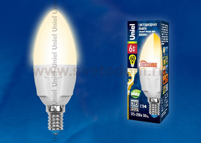 Лампа светодиодная диммируемая Uniel LED-C37-6W/WW/E14/FR/DIM PLP01WH