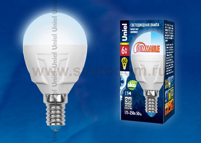 Лампа светодиодная диммируемая Uniel LED-G45-6W/NW/E14/FR/DIM PLP01WH