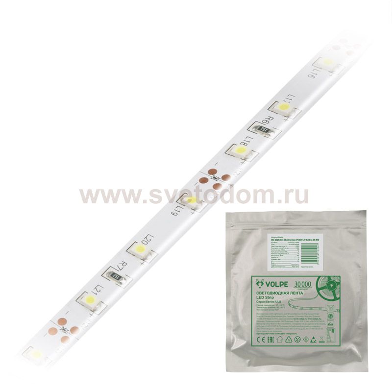 Гибкая светодиодная герметичная лента Volpe ULS-Q324 2835-60LED/m-8mm-IP65-DC12V-4,8W/m-5M-WW