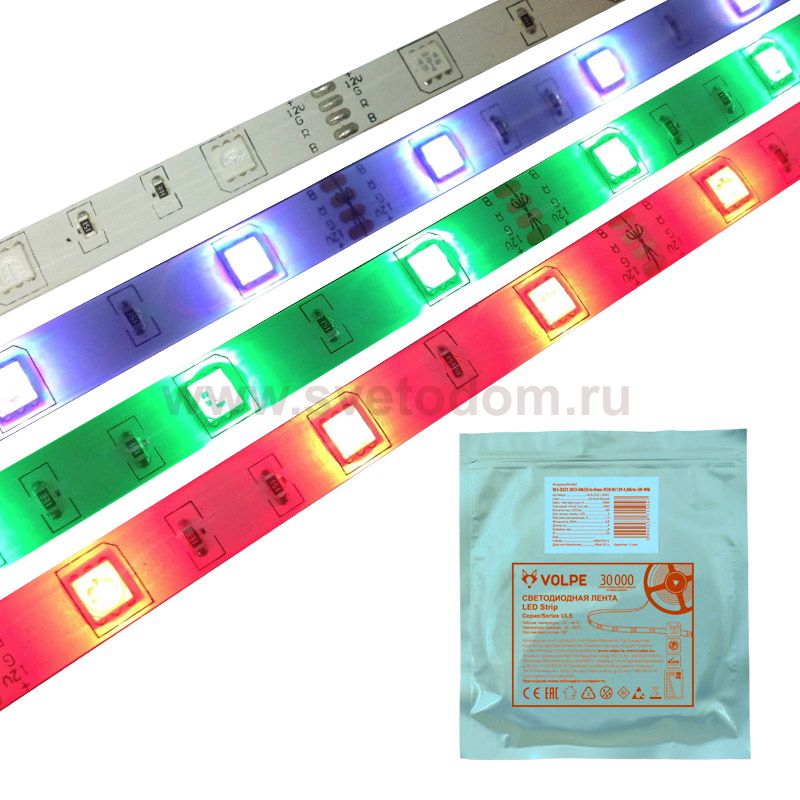 Гибкая светодиодная герметичная лента Volpe ULS-Q214 5050-30LED/m-10mm-IP65-DC12V-7,2W/m-5M-RGB
