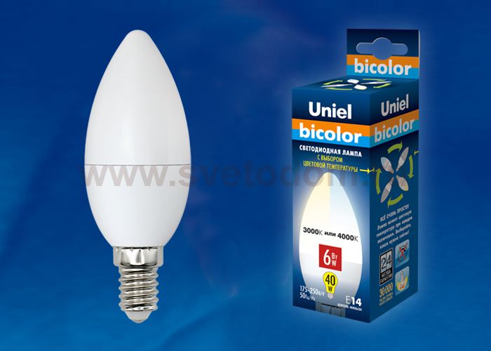 Лампа светодиодная Uniel LED-C37-6W/WW+NW/E14/FR PLB01WH