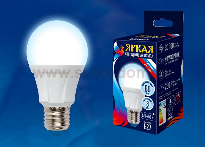 Лампа светодиодная Uniel LED-A60 8W/DW/E27/FR PLP01WH