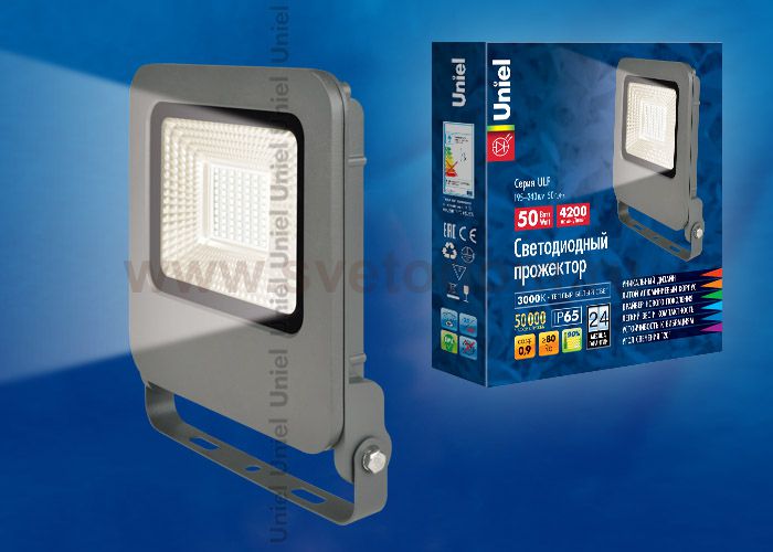 Прожектор светодиодный Uniel ULF-F17-50W/WW IP65 195-240В SILVER