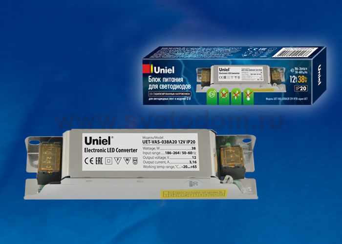 Блок питания для светодиодных ламп и модулей Uniel UET-VAS-038A20 12V IP20