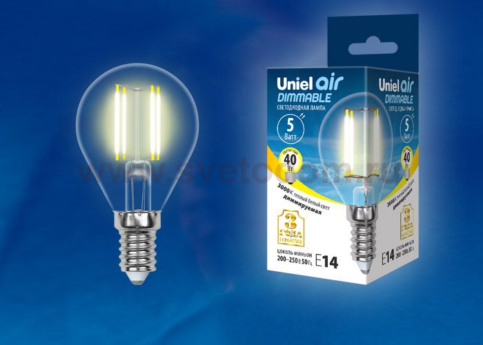 Лампа светодиодная Uniel LED-G45-5W/WW/E14/CL/DIM GLA01TR