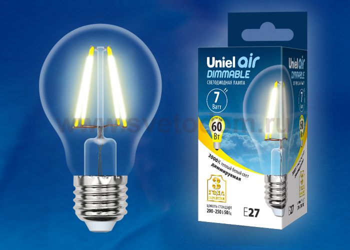 Лампа светодиодная Uniel LED-A60-7W/WW/E27/CL/DIM GLA01TR