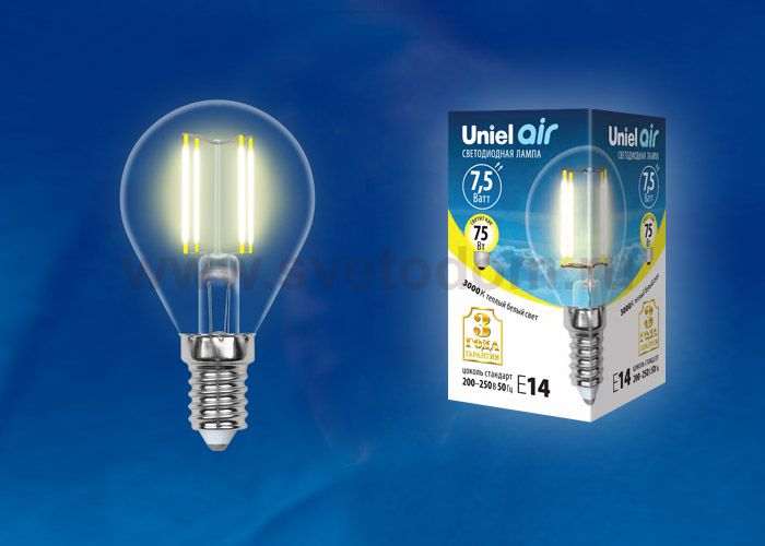 Лампа светодиодная Uniel LED-G45-7,5W/WW/E14/CL GLA01TR