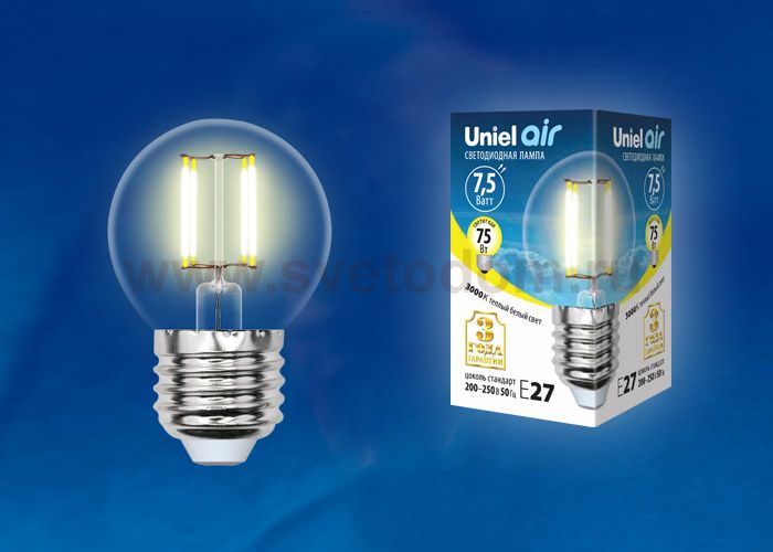 Лампа светодиодная Uniel LED-G45-7,5W/WW/E27/CL GLA01TR