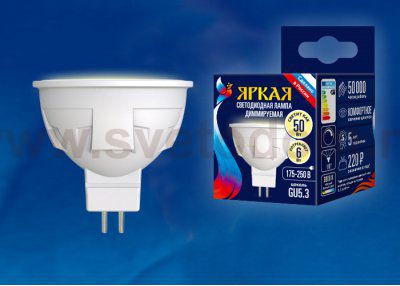 Лампа светодиодная Uniel LED-JCDR 6W/WW/GU5.3/FR/DIM PLP01WH