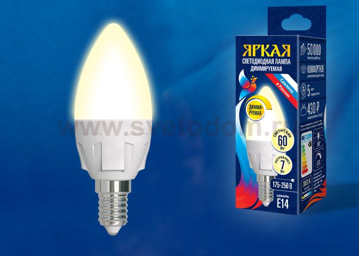 Лампа светодиодная Uniel LED-C37 7W/3000K/E14/FR/DIM PLP01WH