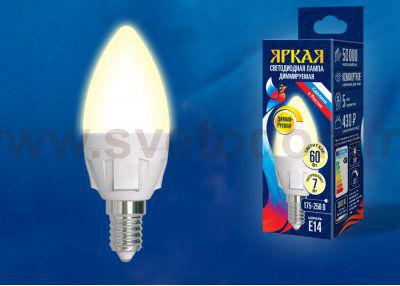 Лампа светодиодная Uniel LED-C37 7W/3000K/E14/FR/DIM PLP01WH