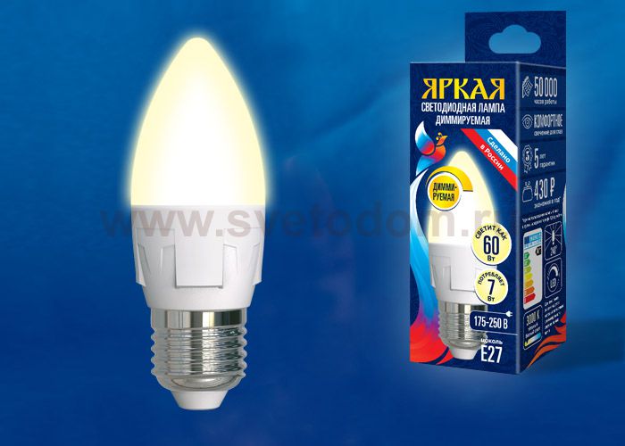 Лампа светодиодная Uniel LED-C37 7W/3000K/E27/FR/DIM PLP01WH