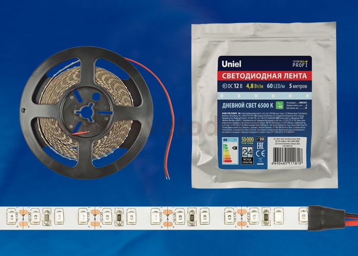 Лента светодиодная интерьерная Uniel ULS-M11-2835-60LED/m-8mm-IP20-DC12V-4,8W/m-5M-6500K PROFI
