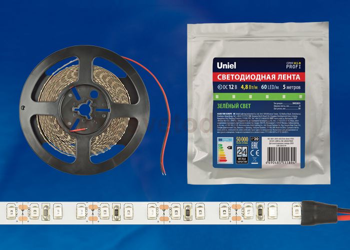 Лента светодиодная интерьерная Uniel ULS-M11-2835-60LED/m-8mm-IP20-DC12V-4,8W/m-5M-GREEN PROFI
