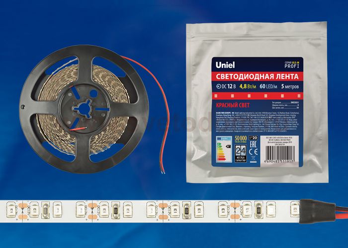 Лента светодиодная интерьерная Uniel ULS-M11-2835-60LED/m-8mm-IP20-DC12V-4,8W/m-5M-RED PROFI