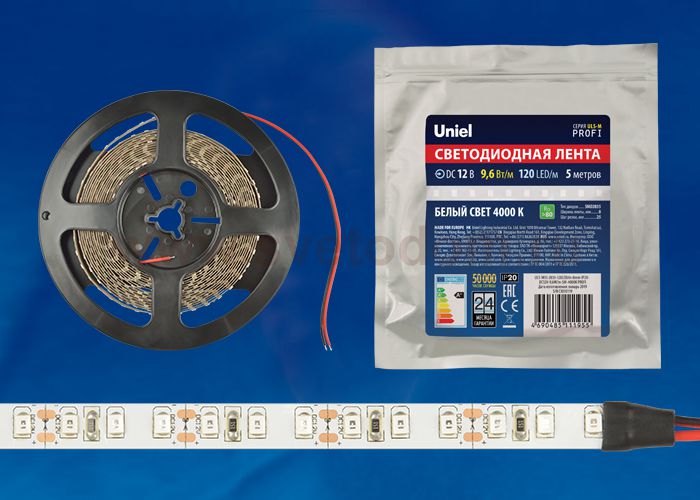 Лента светодиодная интерьерная Uniel ULS-M13-2835-120LED/m-8mm-IP20-DC12V-9,6W/m-5M-4000K PROFI