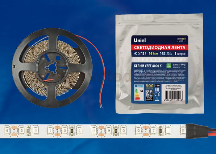 Лента светодиодная интерьерная Uniel ULS-M14-2835-168LED/m-10mm-IP20-DC12V-14W/m-5M-4000K PROFI