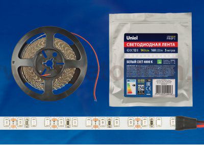 Лента светодиодная интерьерная Uniel ULS-M14-2835-168LED/m-10mm-IP20-DC12V-14W/m-5M-4000K PROFI