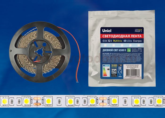 Лента светодиодная интерьерная Uniel ULS-M25-5050-60LED/m-10mm-IP20-DC12V-14,4W/m-5M-6500K PROFI