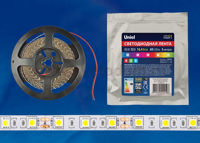 Лента светодиодная интерьерная Uniel ULS-M25-5050-60LED/m-10mm-IP20-DC12V-14,4W/m-5M-RGB PROFI