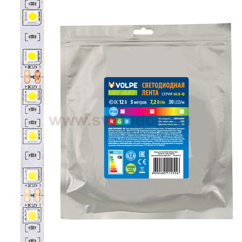 Лента светодиодная интерьерная Volpe ULS-Q210 5050-30LED/m-10mm-IP20-DC12V-7,2W/m-5M-RGB