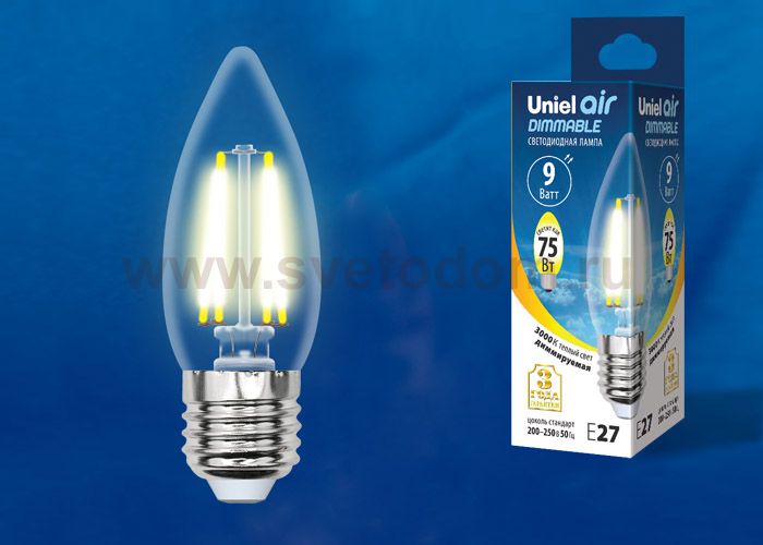 Лампа светодиодная Uniel LED-C35-9W/3000K/E27/CL/DIM GLA01TR