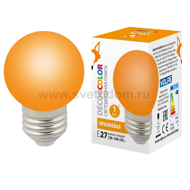 Лампа светодиодная Volpe LED-G45-1W/ORANGE/E27/FR/С