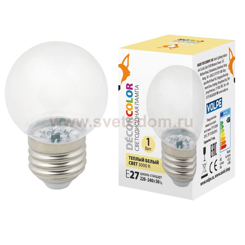 Лампа светодиодная Volpe LED-G45-1W/3000K/E27/CL/С