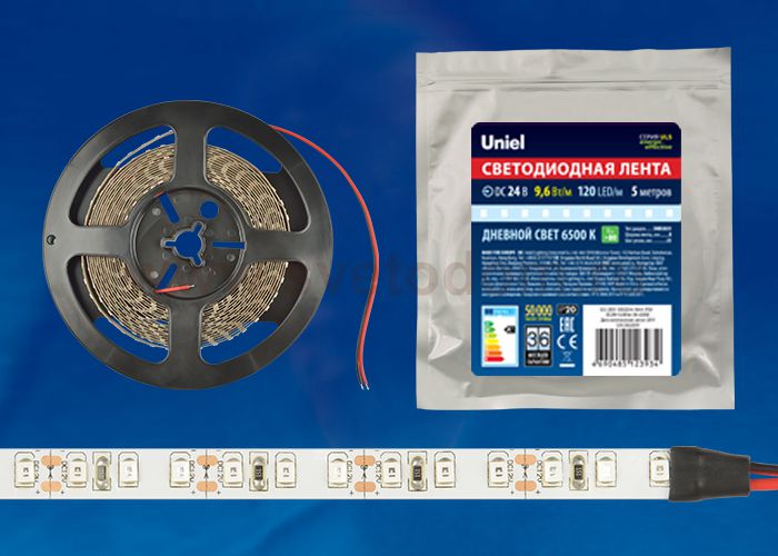 Лента светодиодная интерьерная Uniel ULS-2835-120LED/m-8mm-IP20-DC24V-9,6W/m-5M-6500K