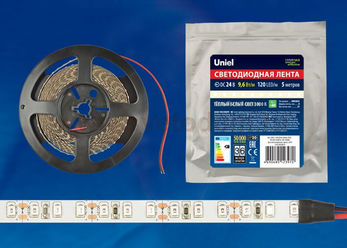 Лента светодиодная интерьерная Uniel ULS-2835-120LED/m-8mm-IP20-DC24V-9,6W/m-5M-3000K