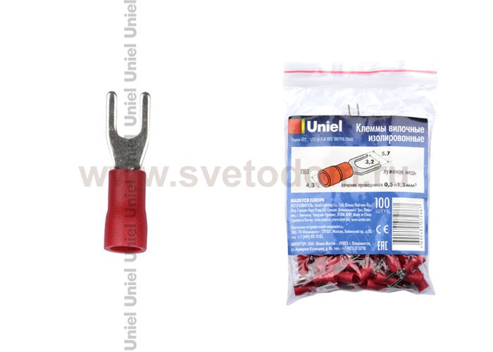 Клеммы вилочные изолированные Uniel UTC-U-3 A1 RED 100 POLYBAG