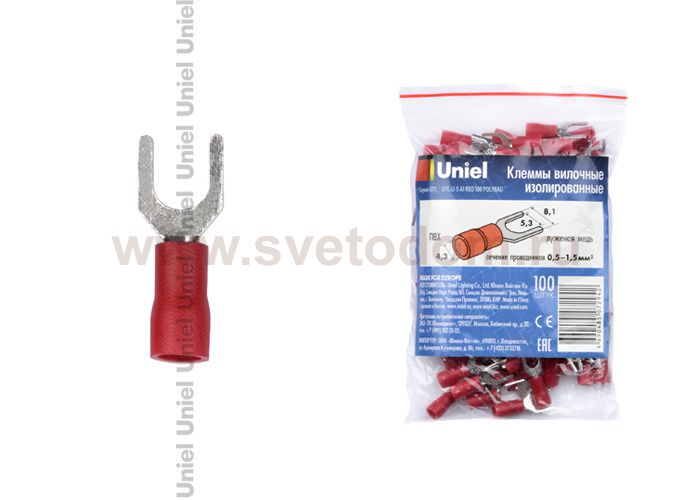 Клеммы вилочные изолированные Uniel UTC-U-5 A1 RED 100 POLYBAG