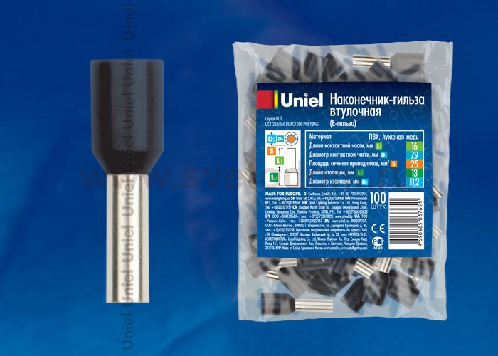 Наконечник-гильза втулочная (Е-гильза) Uniel UCT-250/160 BLACK 100 POLYBAG
