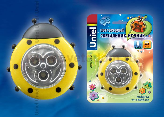 Светодиодный светильник-ночник на батарейках Uniel DTL-354 Божья Коровка/Yellow/3LED/3AAA