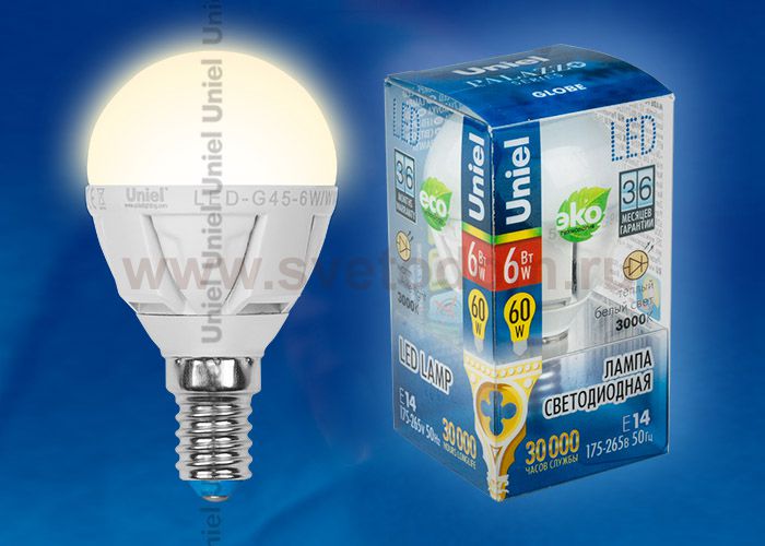 Лампа светодиодная Uniel LED-G45-6W/WW/E14/FR ALP01WH пластик