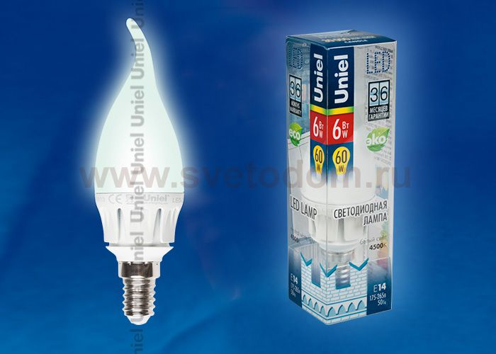 Лампа светодиодная Uniel LED-CW37-6W/NW/E14/FR ALM01WH пластик