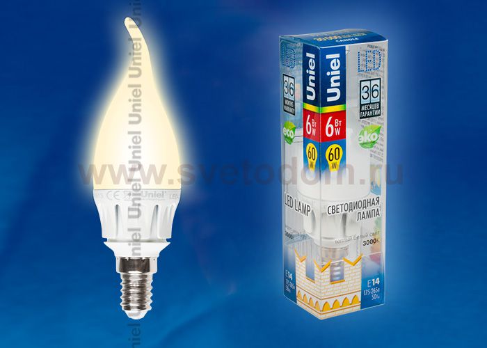 Лампа светодиодная Uniel LED-CW37-6W/WW/E14/FR ALM01WH пластик
