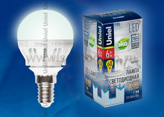 Лампа светодиодная Uniel LED-G45-6W/NW/E14/FR ALM01WH пластик