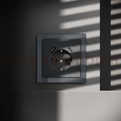 Накладка для розетки с заземлением и защитными шторками, с USB A+C, S70 (графит)