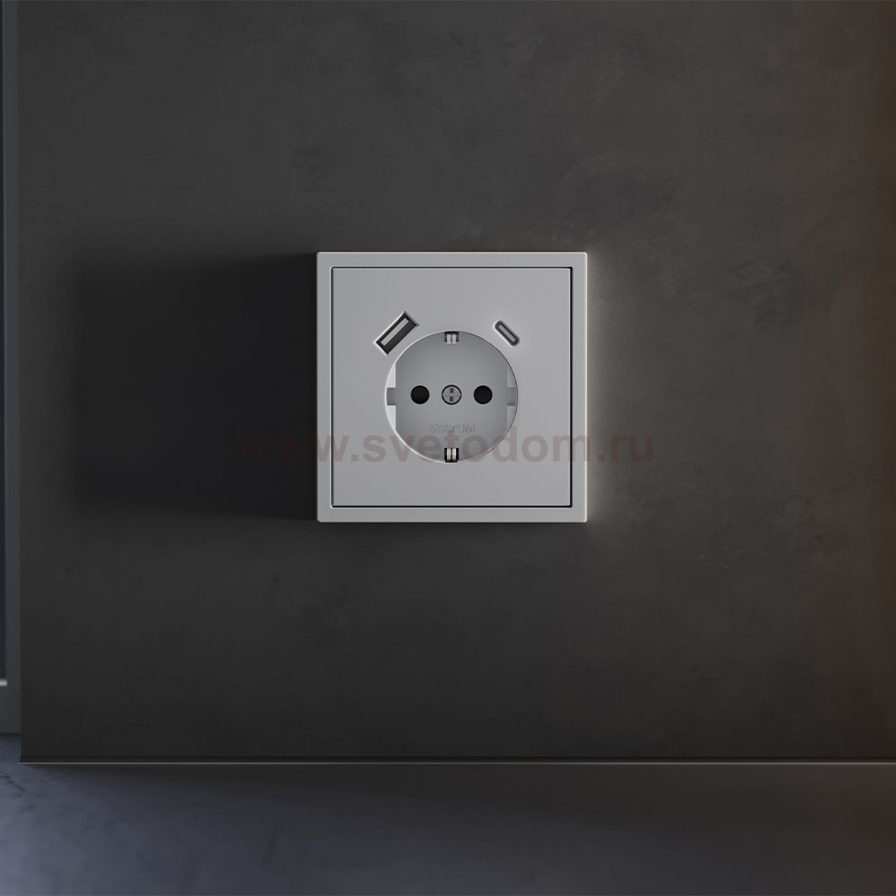 Накладка для розетки с заземлением и защитными шторками, с USB A+C, S70 (серый)