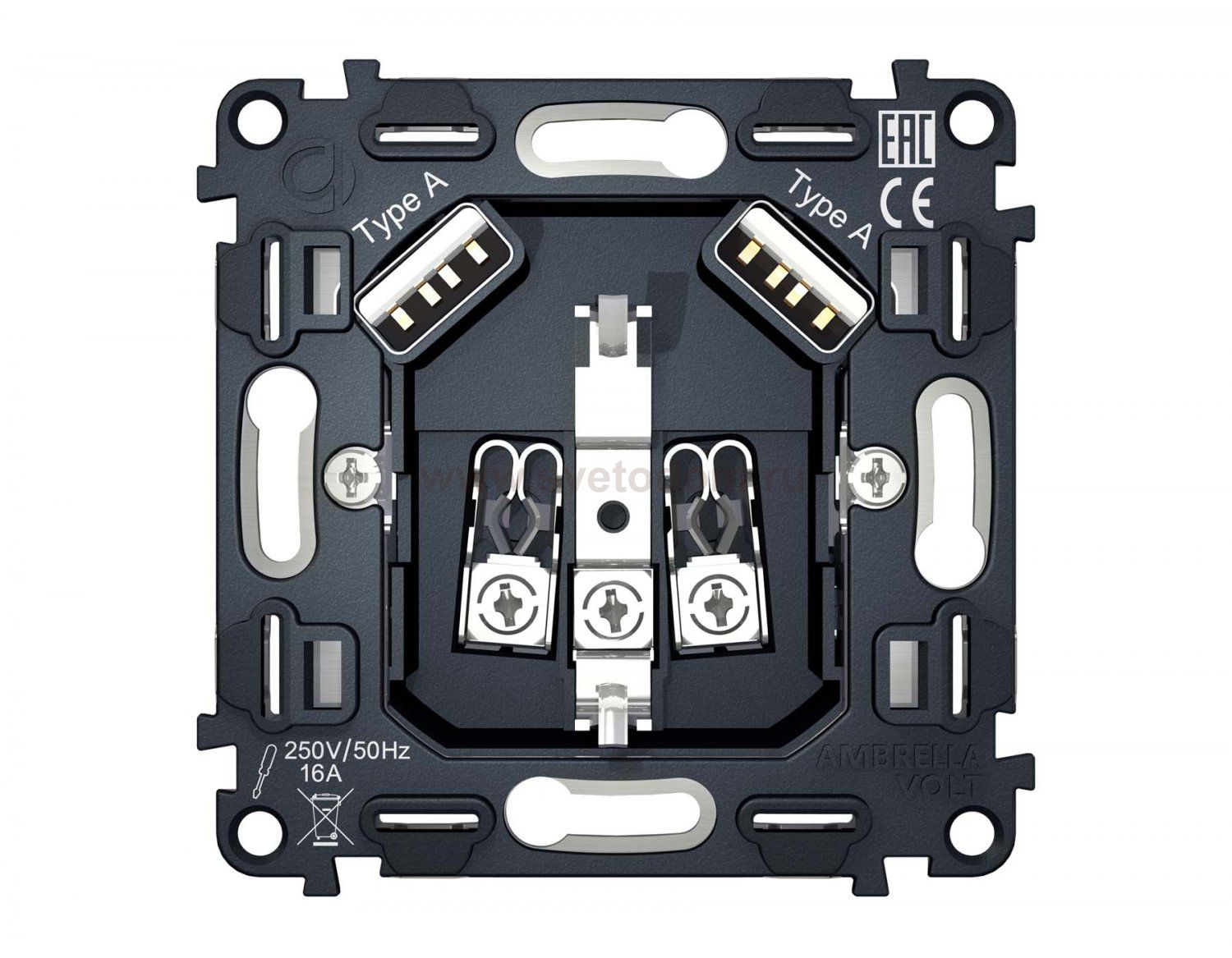 Механизм электрической розетки 2USB A+A 18W быстрая зарядка с заземлением на винтовых зажимах 16A 250V QUANT VM155 Ambrella Volt