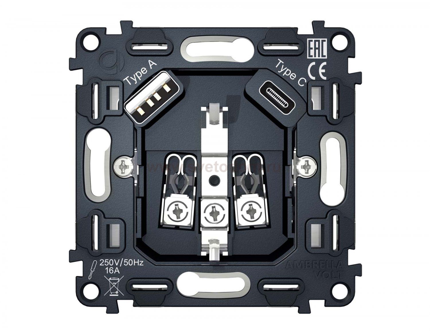 Механизм электрической розетки 2USB A+C 20W быстрая зарядка с заземлением на винтовых зажимах 16A 250V QUANT VM160 Ambrella Volt