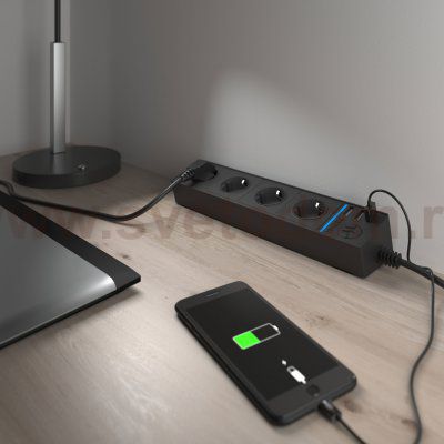 Розеточный блок 4-х местный + 3 USB черный WL20-04-03 Werkel